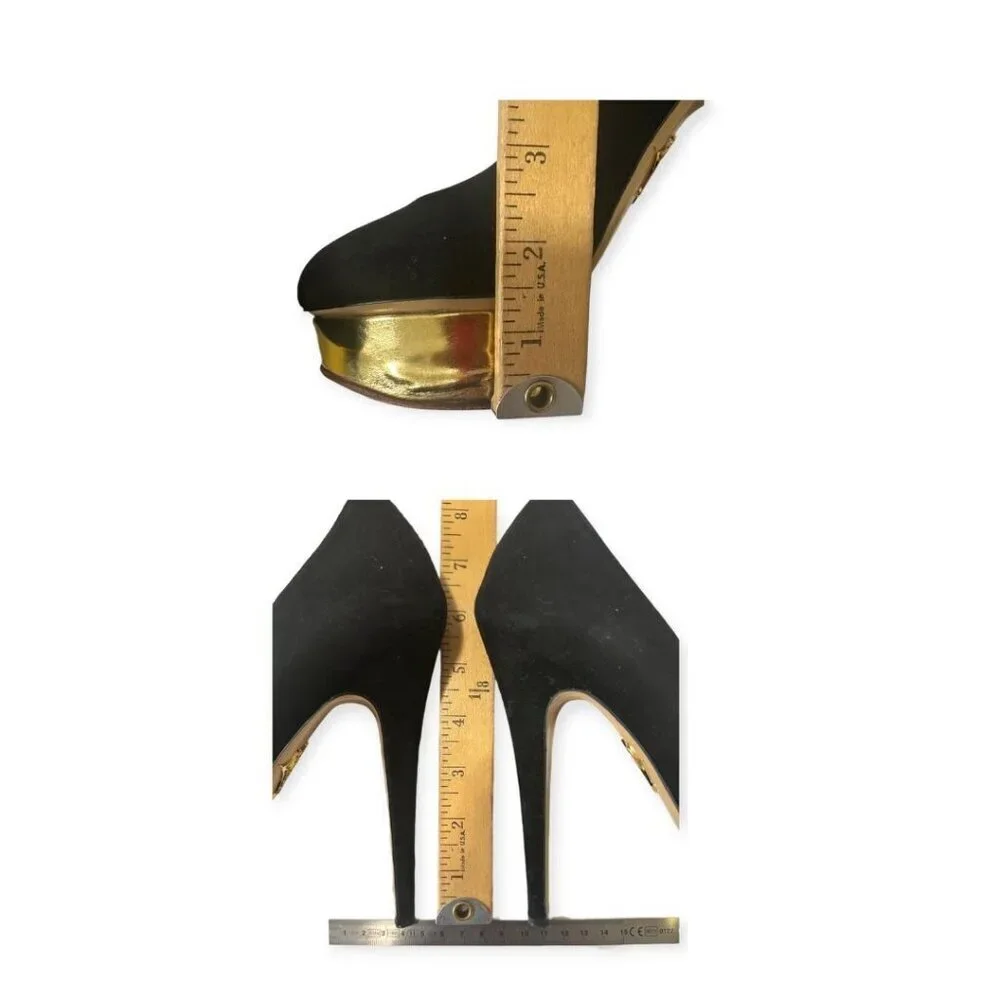 Charlotte Olympia Dolly Platform Pumps, Black Suede-Gold Leather, 38.5 EU